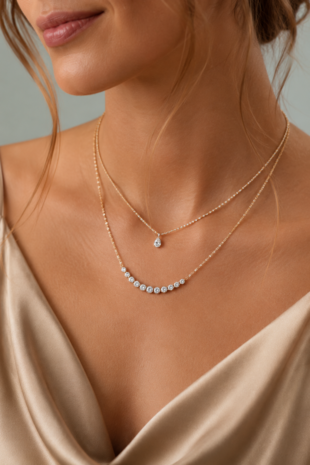 Layered diamond necklaces worn by a model