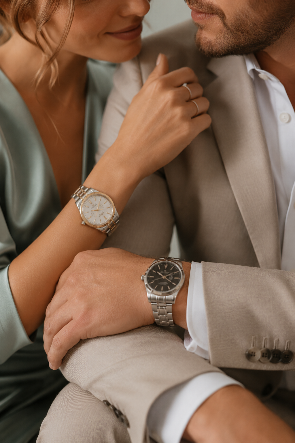 Luxury watches worn by a man and woman